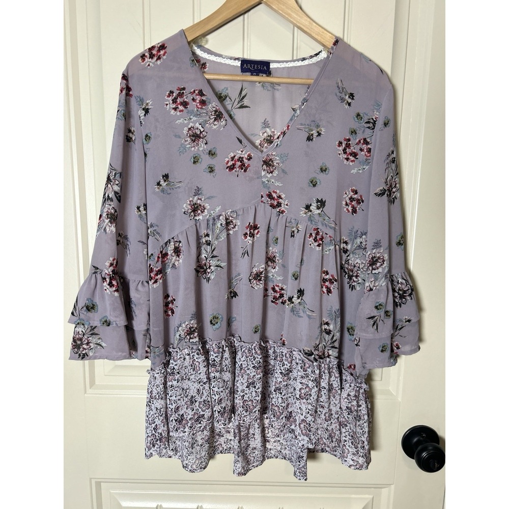 Artesia Women's Peplum Blouse M Purple Floral Print Fairy Boho Ruffle Romantic